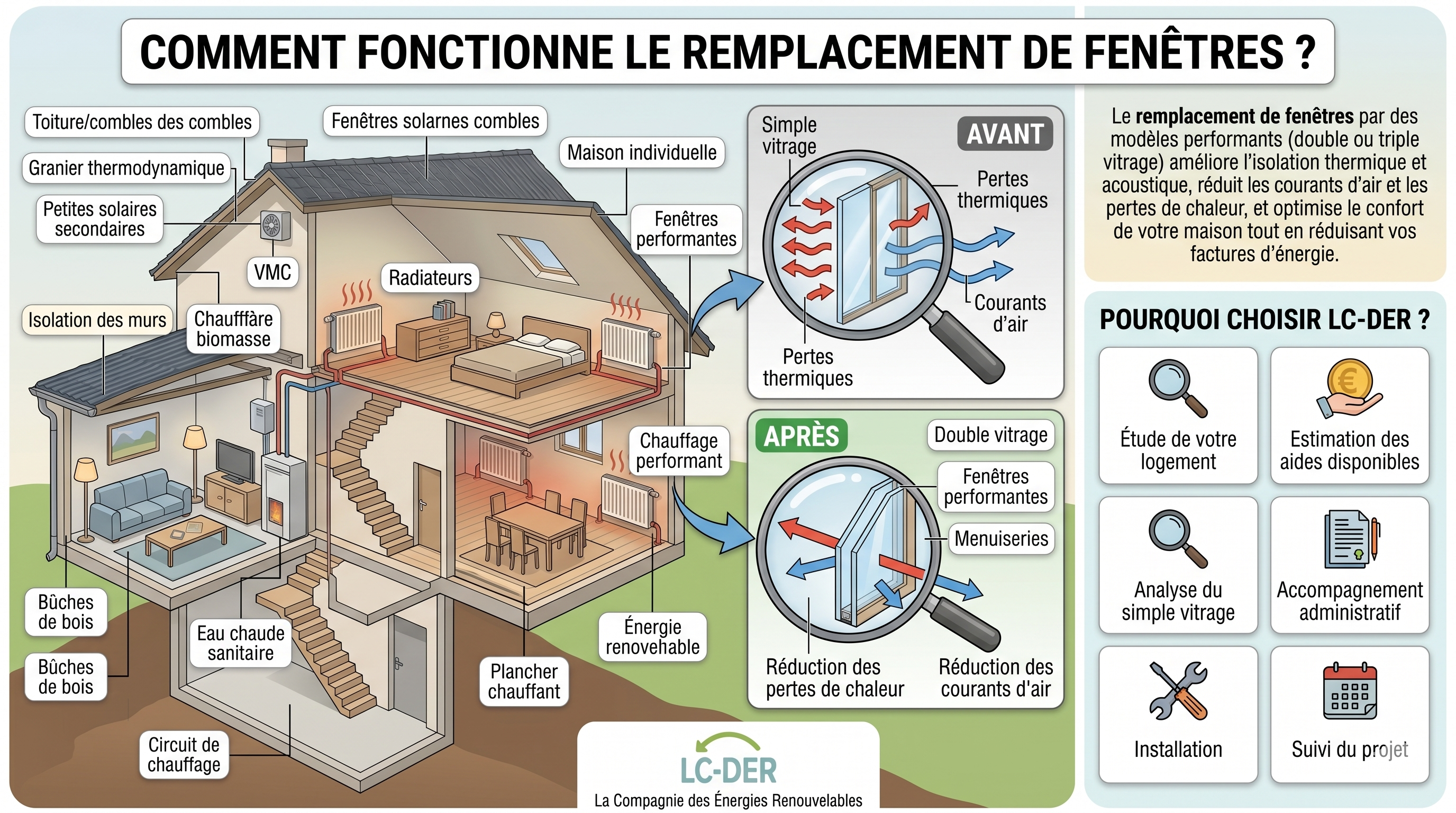 Comment fonctionne le remplacement de fenêtres : avant et après, avec double vitrage, réduction des pertes thermiques et courants d'air